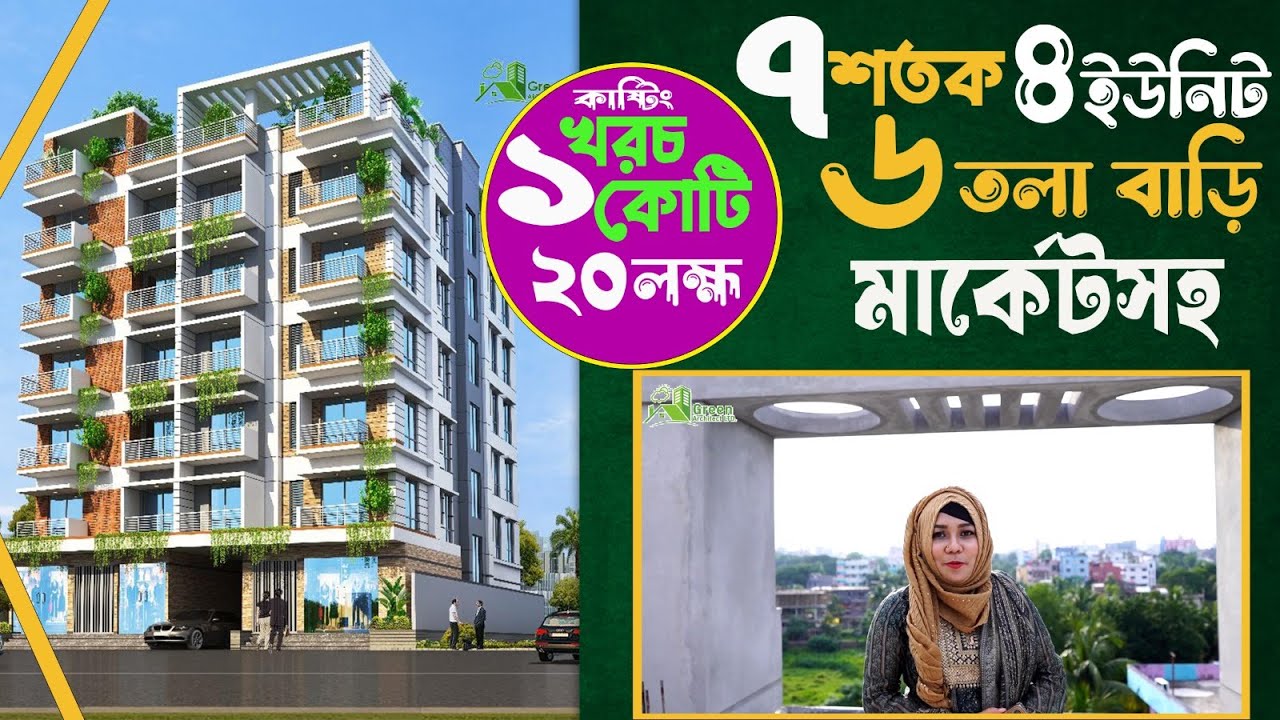 ৭ শতক জমিতে ৪ ইউনিট ৬ তলা বাড়ি মার্কেটসহ কাস্টিং খরচ ১ কোটি ২০ লক্ষ | 6 storied building plan