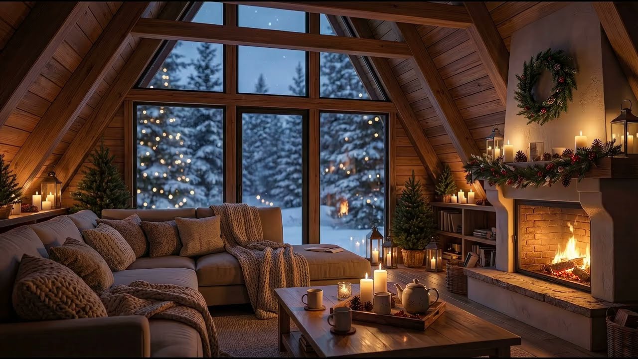 🔥Cozy Fireplace Crackling 4 Hours | ❄️Snowy Cabin Views | Winter Ambience | 4K UHD