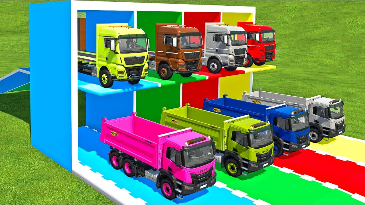 TRANSPORTING COLORED IVECO DUMP TRUCK TO GARAGE WITH MAN TRUCK! Farming Simulator 22