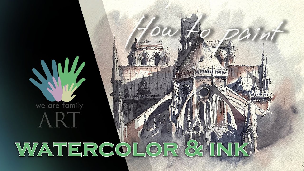 How to paint line and wash watercolor architecture, Notre Dame