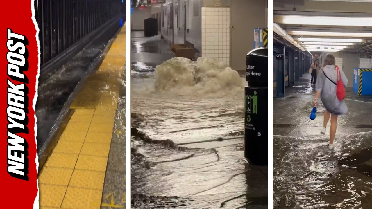 Storm floods NYC subway as water blasts from platform drain