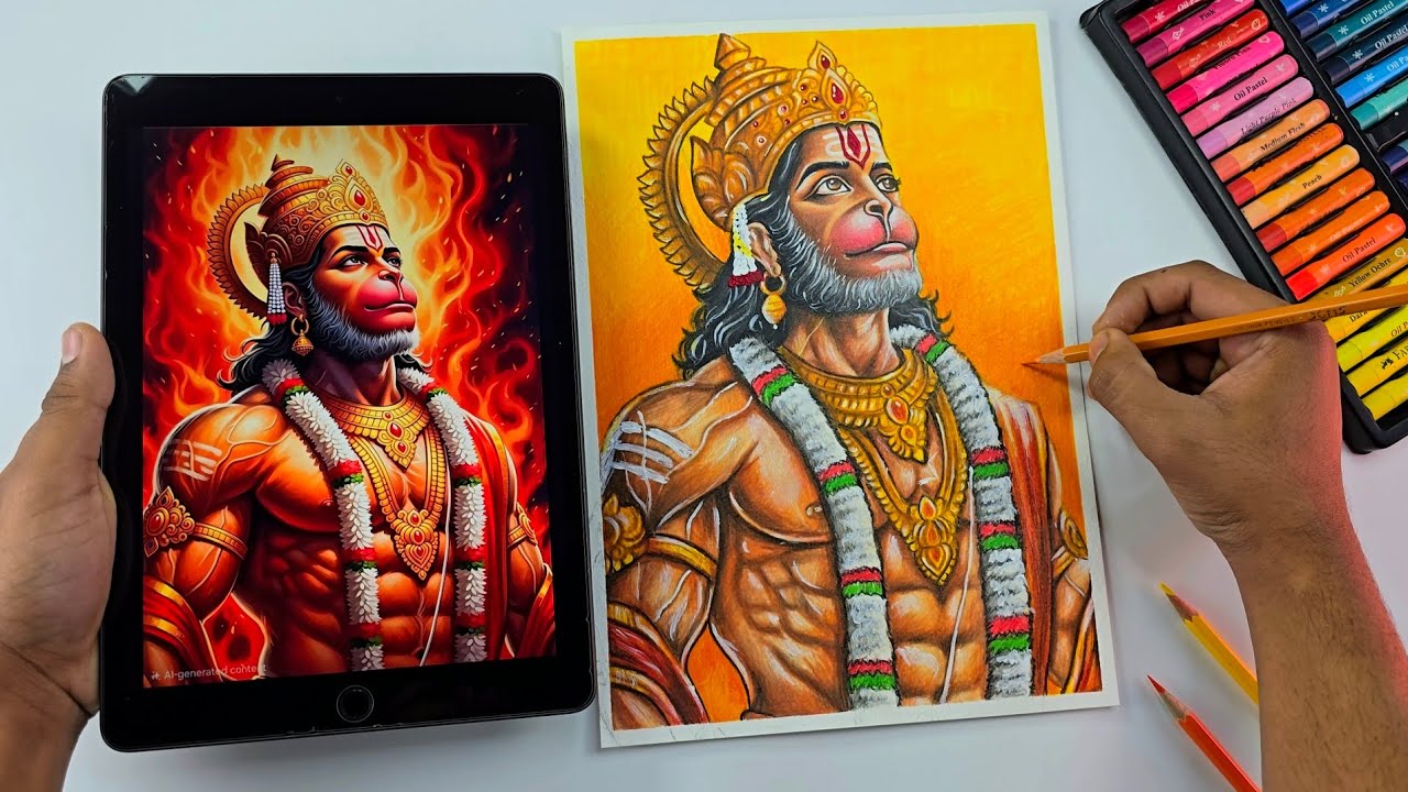 Lord Hanuman Drawing With Colour Pencils, Hanuman Ji Drawing Step By Step (Colouring Tutorial) 🔥 