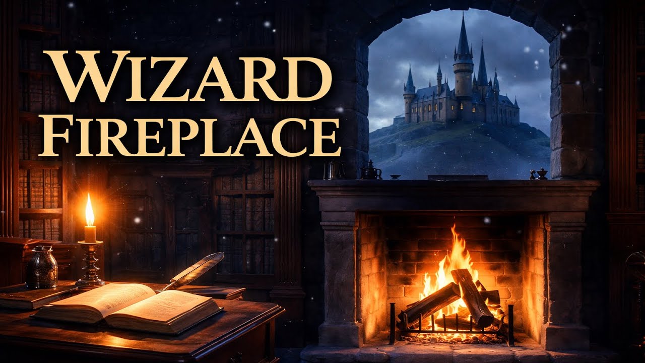 Wizard Study Room 🔥 Fireplace & Castle View | Cozy Night Ambience (1 Hour)