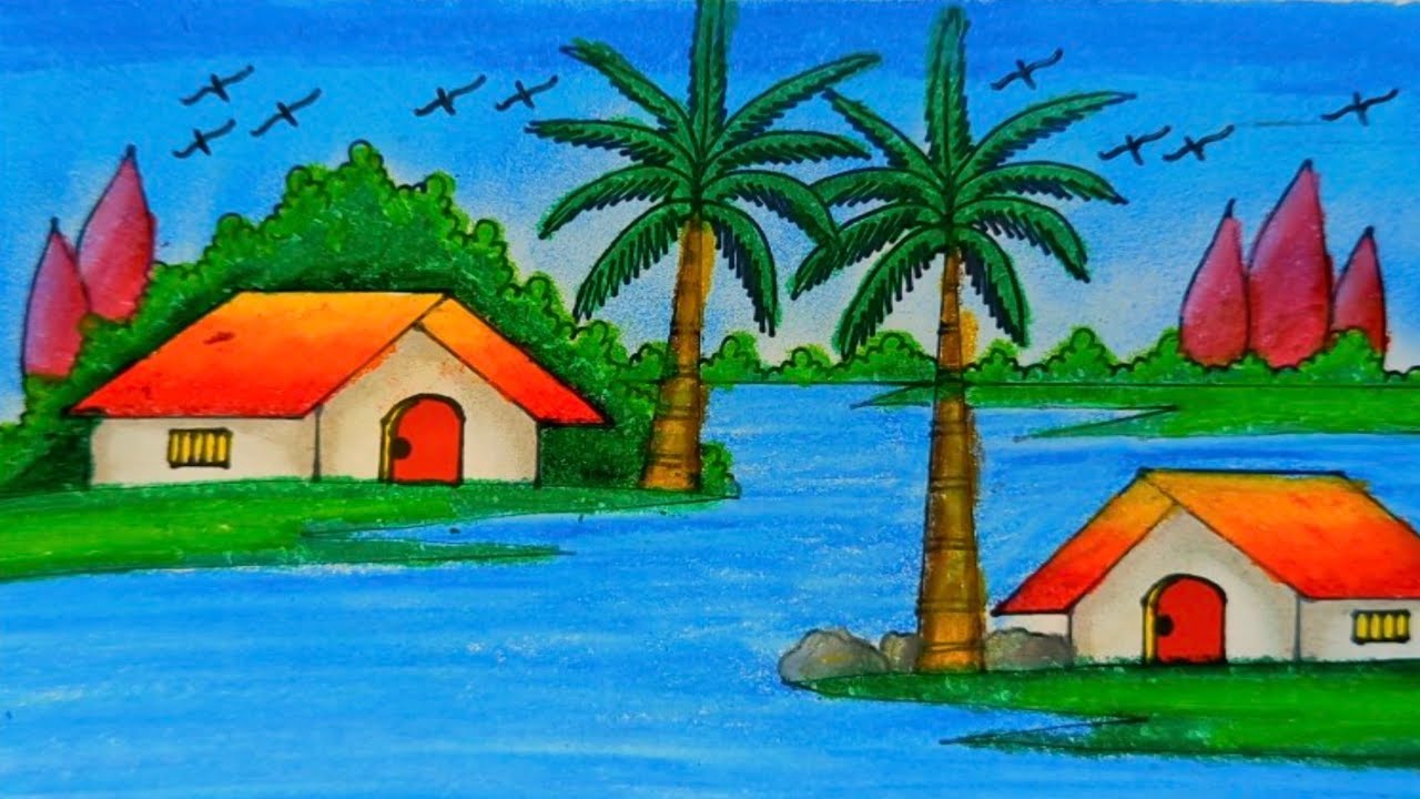 How to Draw a Beautiful Village Scenery Drawing | Peaceful Rural Life | Easy Nature Art Drawing 