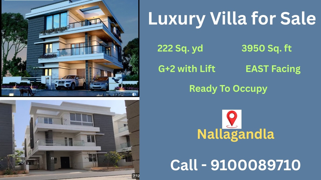 Luxury Villa for Sale in Nallagandla | 222 Sq.Yds, 3950 Sq.Ft, G+2 with Lift | Call - 9100089710