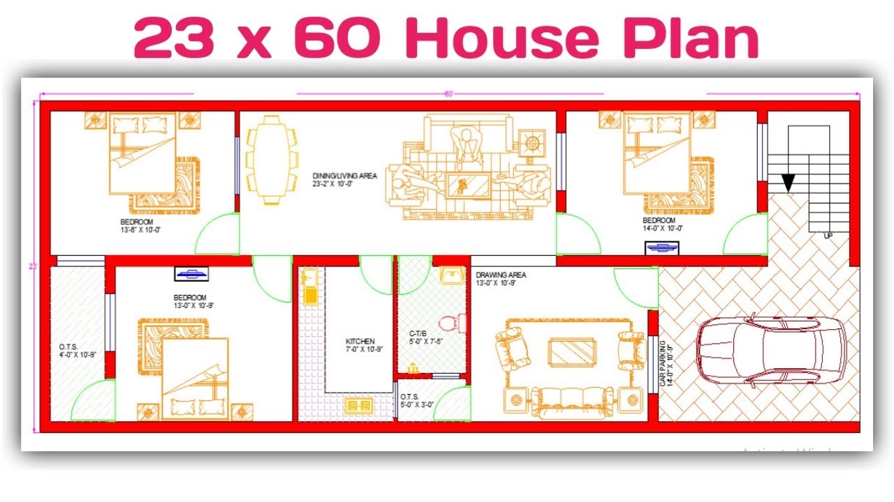 23' x 60' (154 gaj) Modern House Plan || 3BHK With Car Parking | 1380 sqft House Design (Hindi/Urdu)