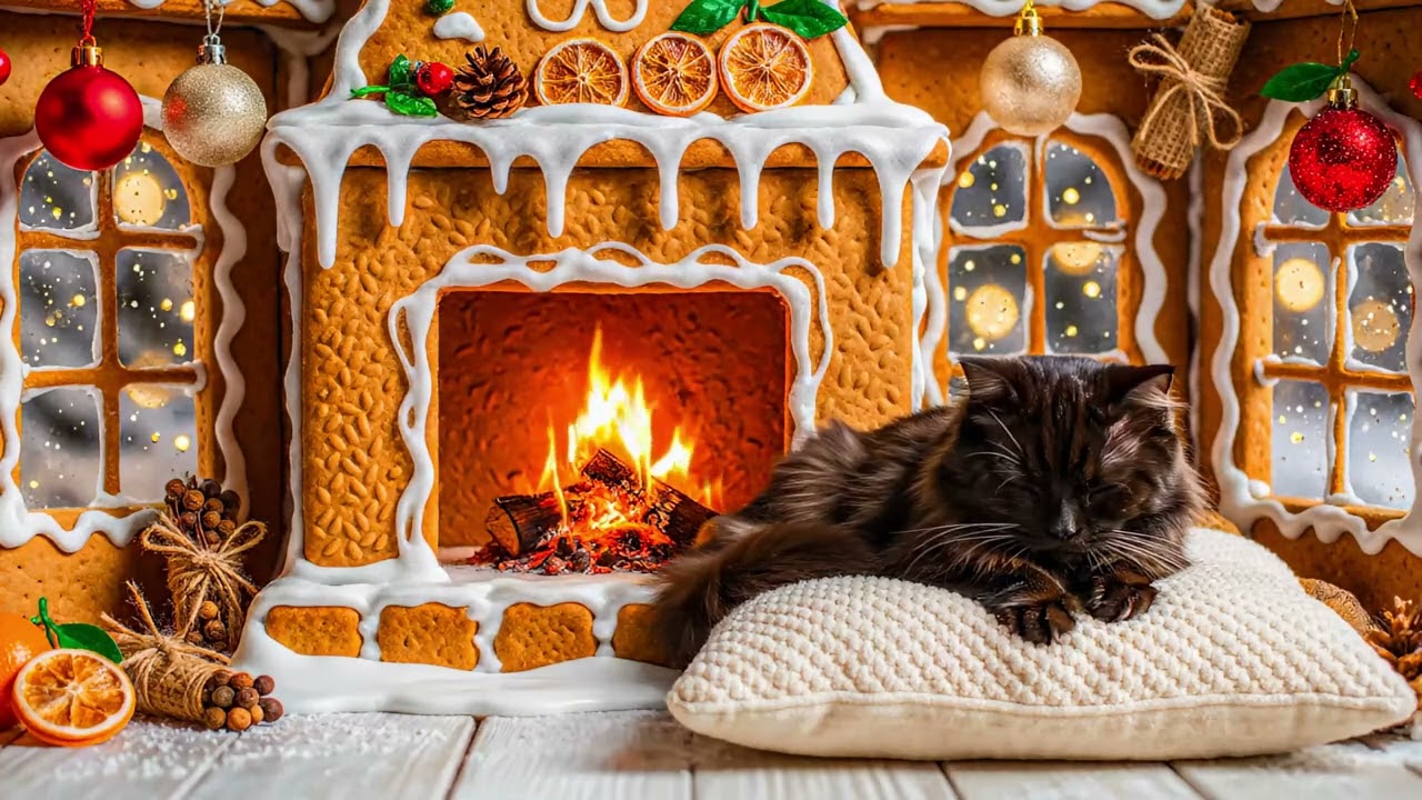 Gingerbread House Fireplace 🎄 Sleeping Cat Purring 🐾 Cozy 4K Ambience | Music for Cats Sleep