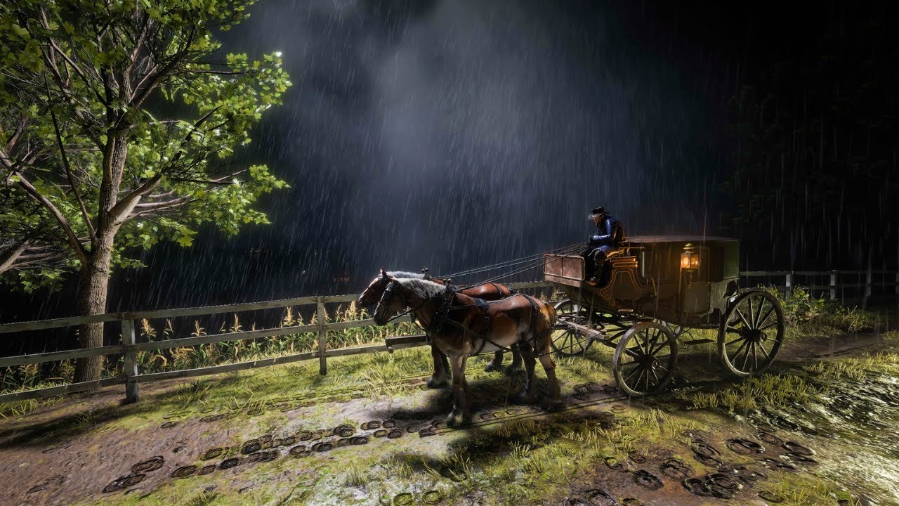Relaxing Horse Carriage Ride in the Rain | Night Thunderstorm ASMR | Sleep & Relaxation | RDR2 ASMR