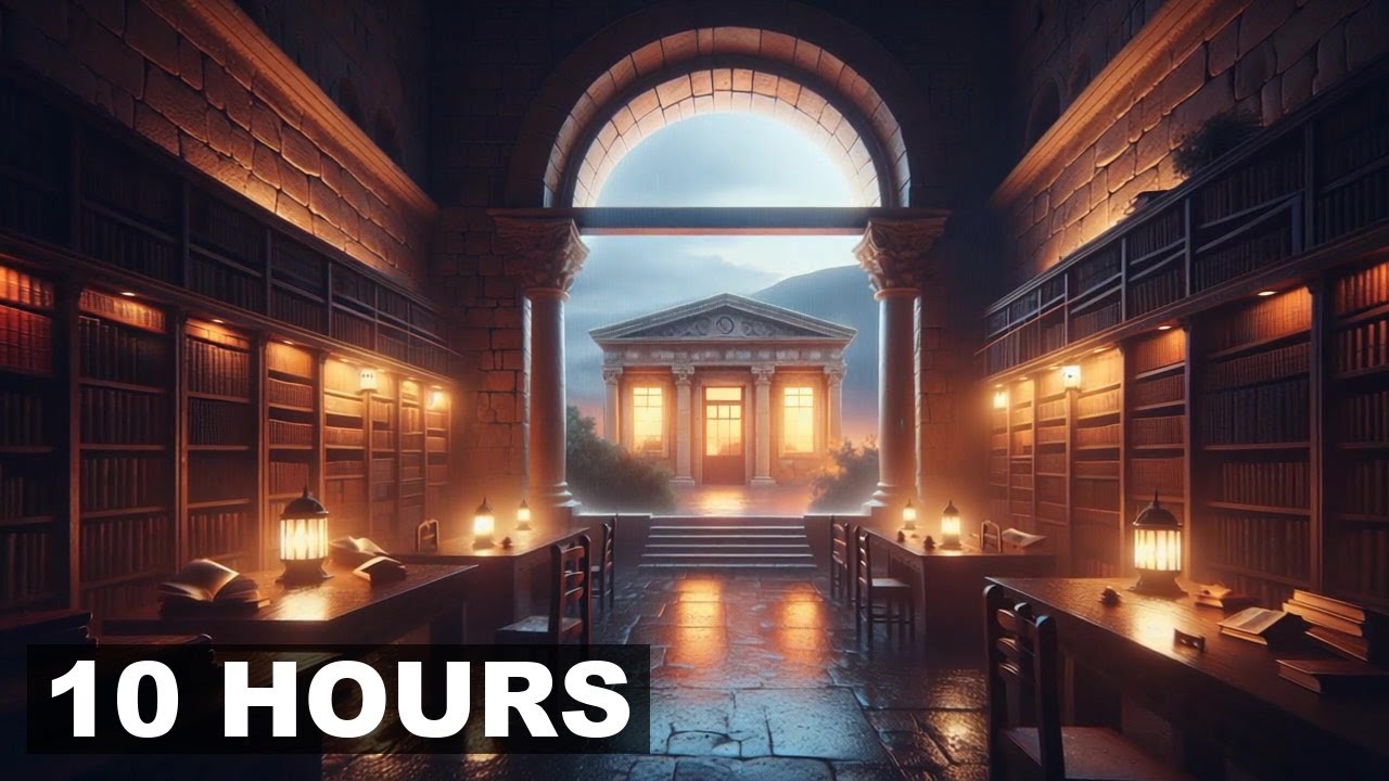 POV you're nestled in an ancient library with a crackling fire nearby - whispering wind outside Ambi