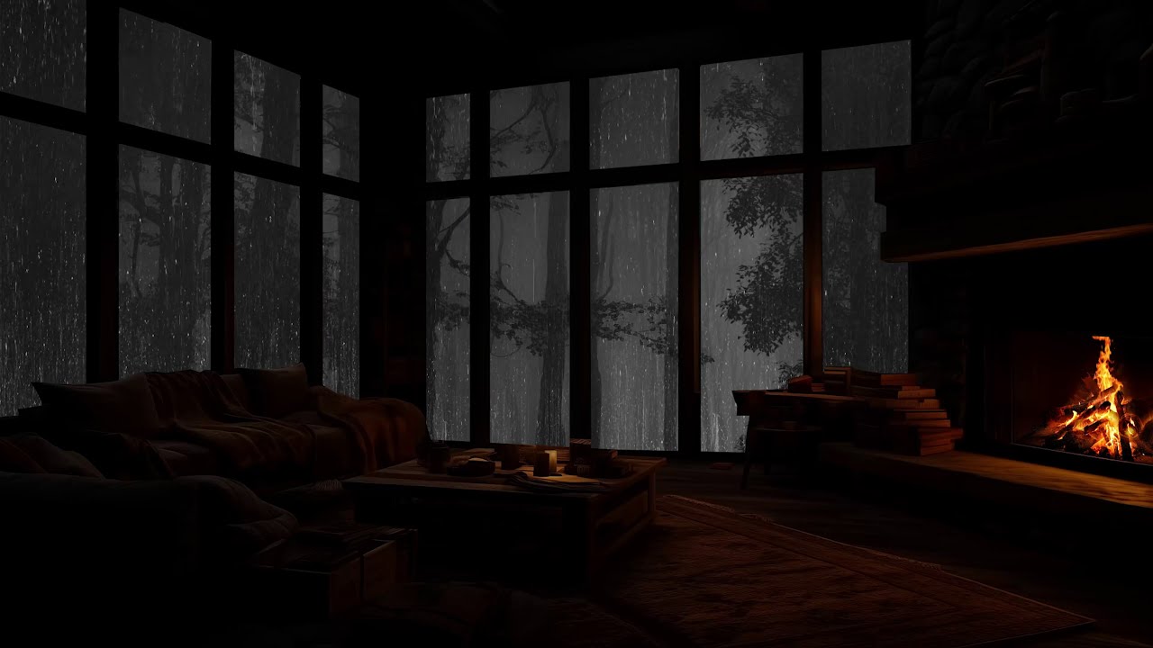 Acogedora Caba&ntilde;a Bajo La Lluvia En El Bosque Nocturno Con Chimenea Encendida - Asmr