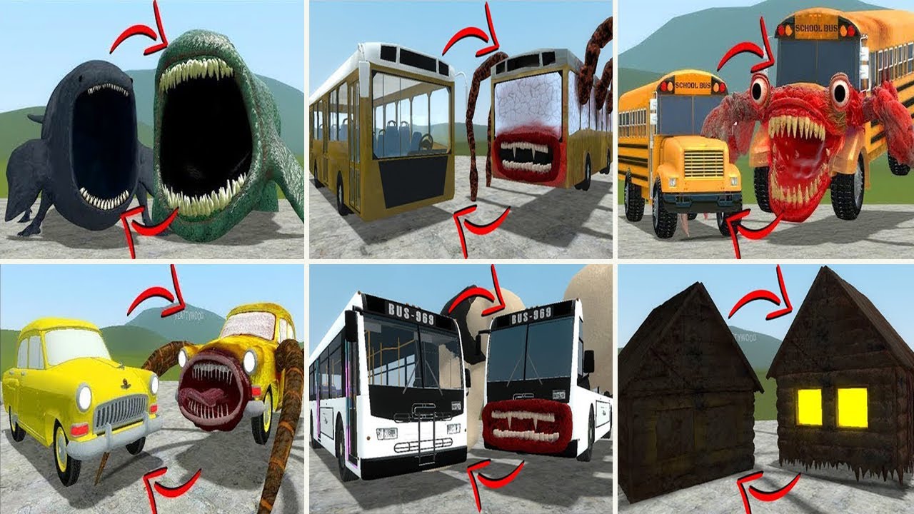 EVERYTHING TURNED INTO MONSTERS:BUS EATER,HOUSE HEAD, CAR EATER  VS ALL TREVOR HENDERSON GMOD!