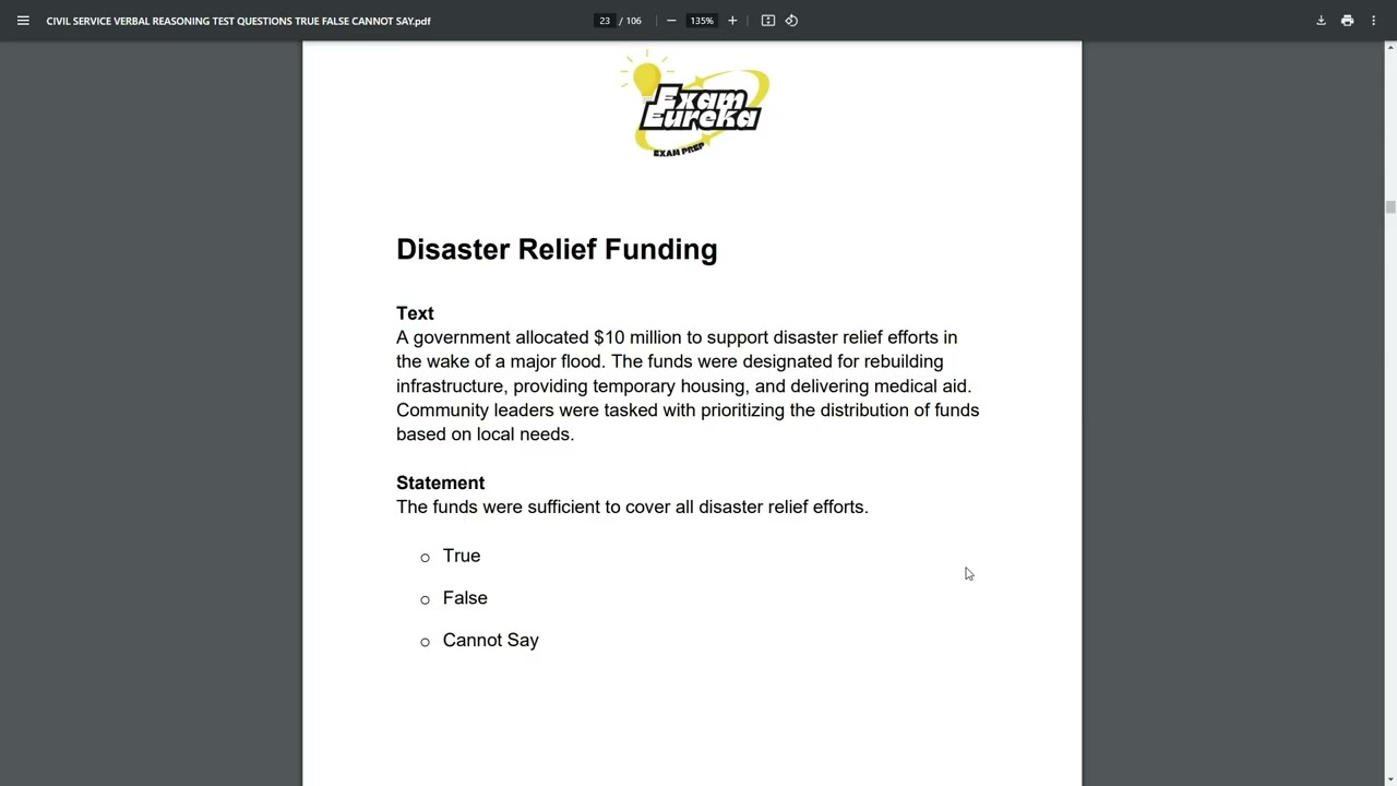 Civil Service Verbal Test - Practice Scenario - disaster relief funding