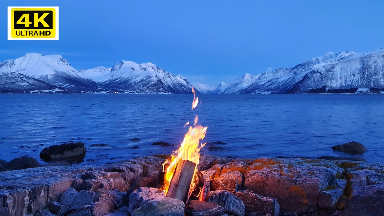 Norway 4K - Evening Campfire Ambience with Crackling Burning Firewood, Mountain and Fjord Fireplace