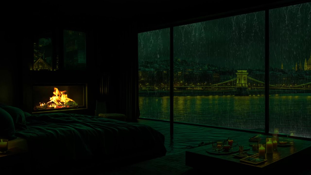 Moody Rainy Night Vibes | Cozy Apartment Ambience with Fireplace & City Lights