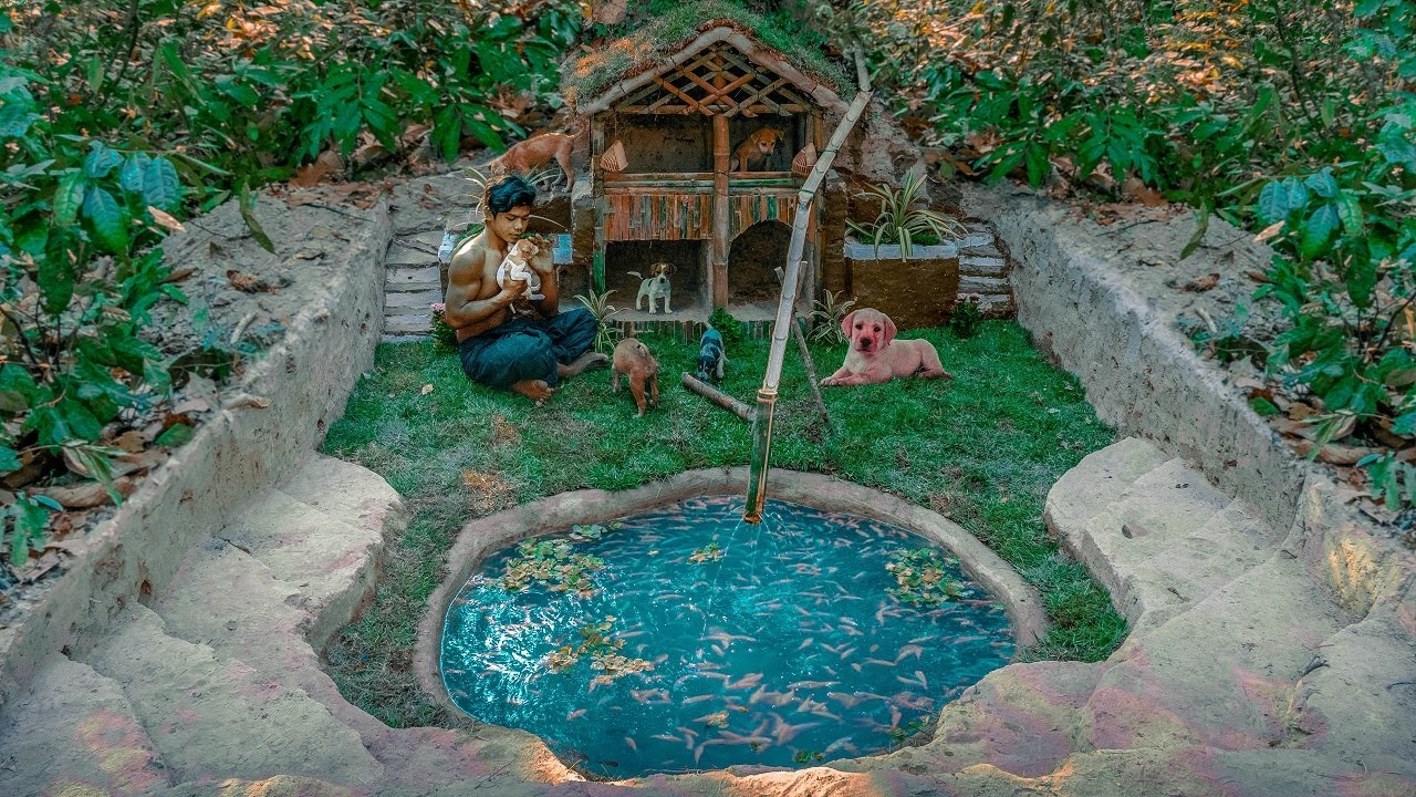 Dogs Rescued From Abandoned Temple Building Amazing Underground  Puppy Pet House & Fish Pond (Full)