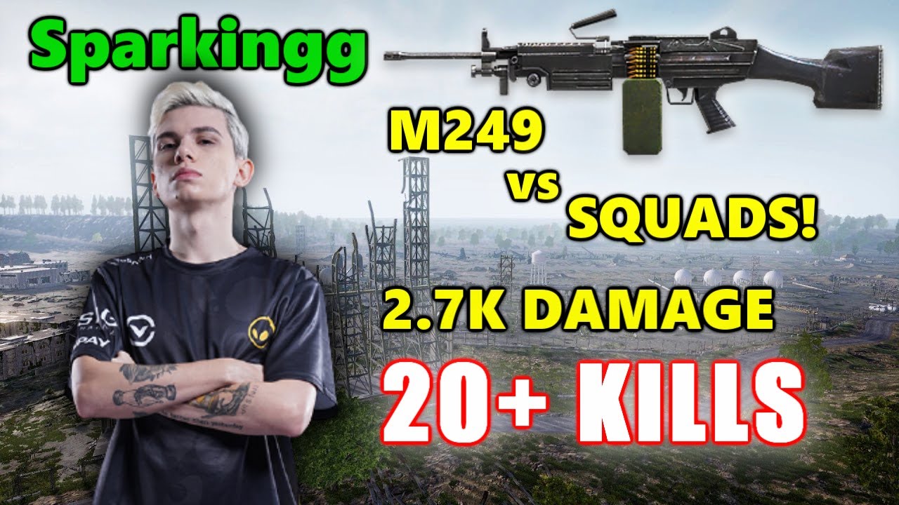 Sparkingg - 20+ KILLS (2.7K DAMAGE) - M249 vs SQUADS! - PUBG