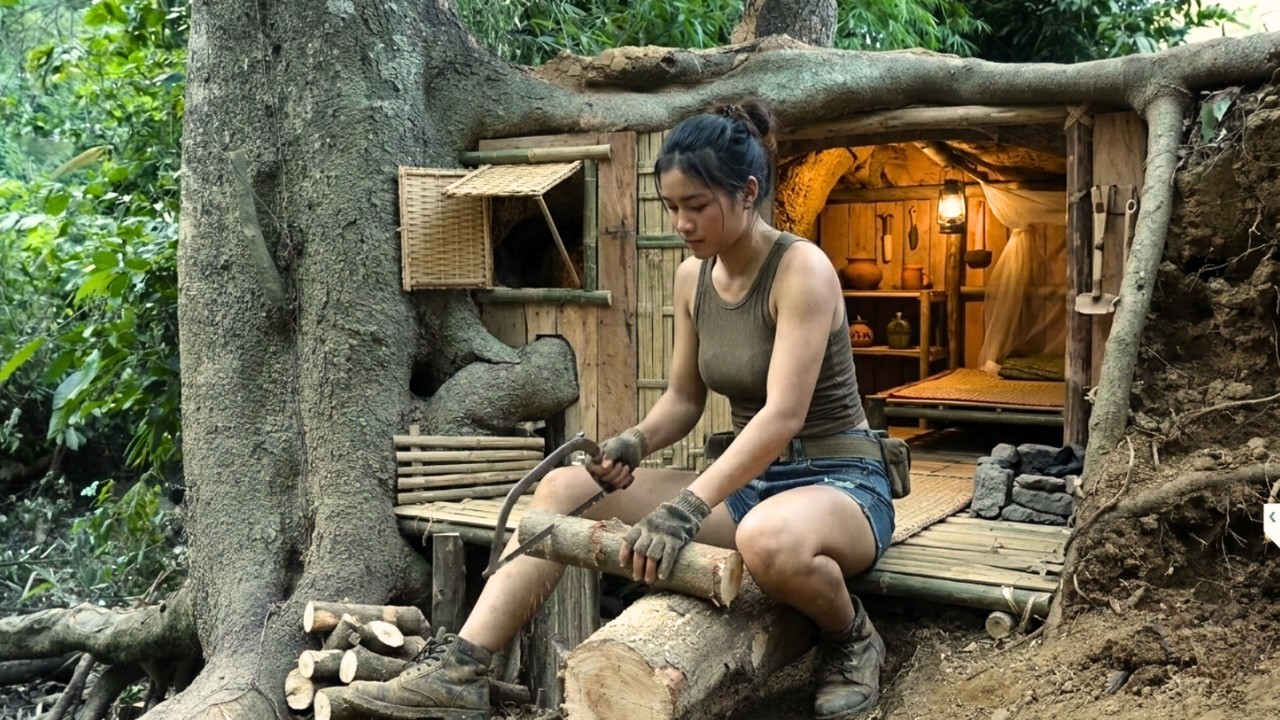 Hidden Oak Tree Shelter Built from Scratch | Ultimate Bushcraft Build