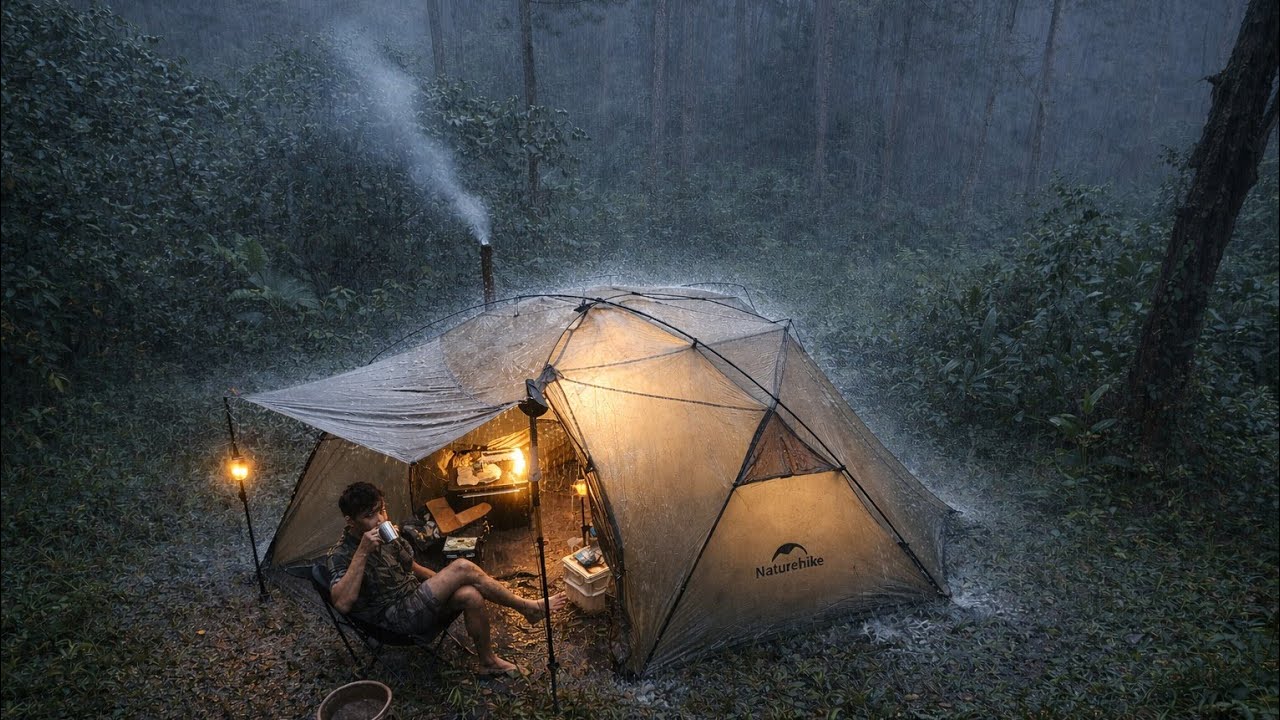 WARM TENT DURING HEAVY RAIN⛈️ CAMPING IN HEAVY RAIN‼️
