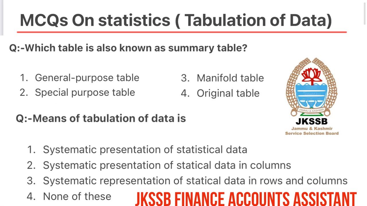 MCQs on Statistics (Tabulation of Data ) for jkssb Finance accounts assistant