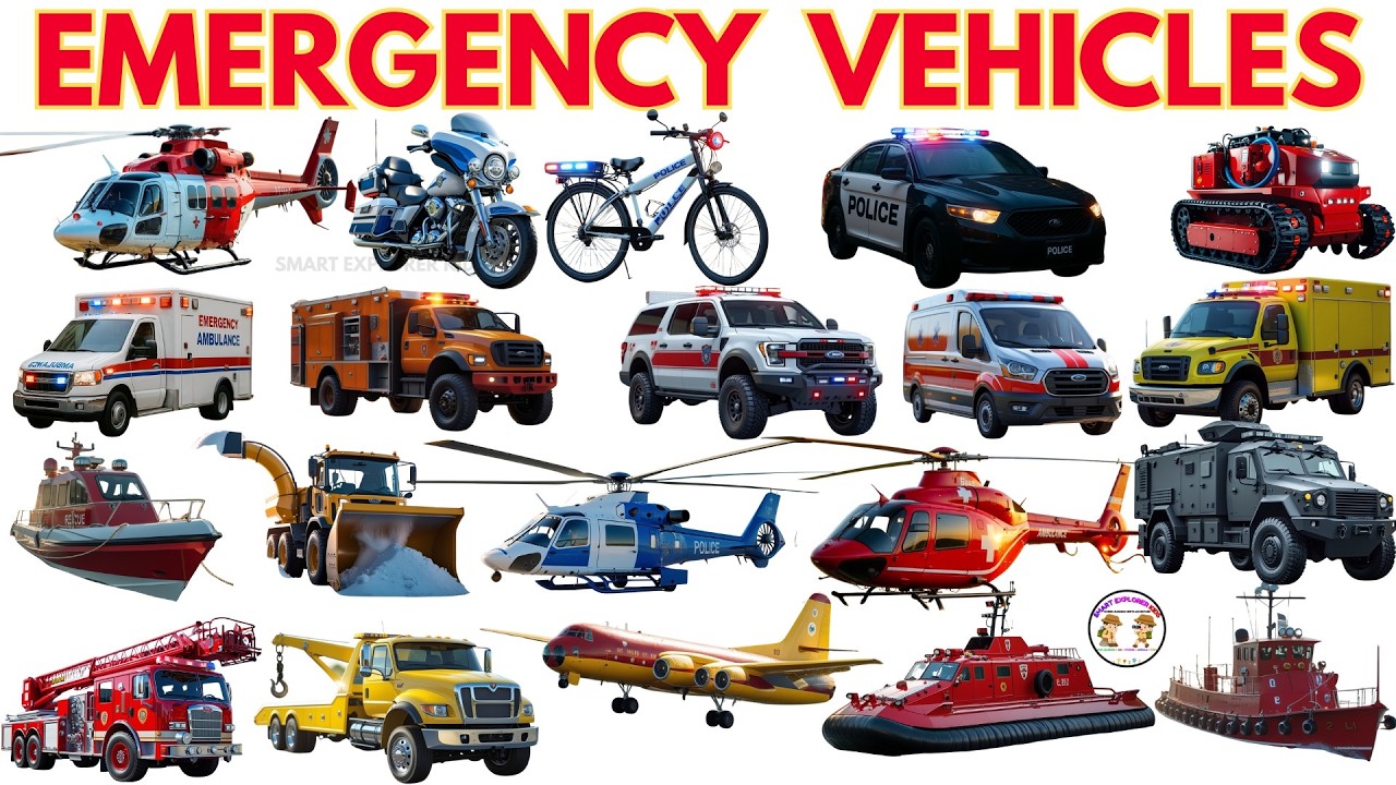 Emergency Vehicles for Kids 🚨 |  Learn Ambulance, Fire Truck, Police Car, Helicopter & More