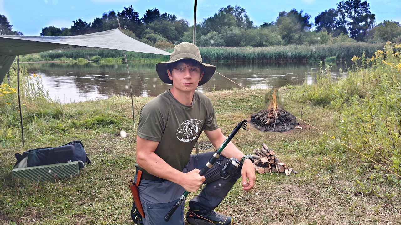 Surviving a Storm Under an Old Tarp and Wool Blanket - River Camping, Fishing, and Bean Soup