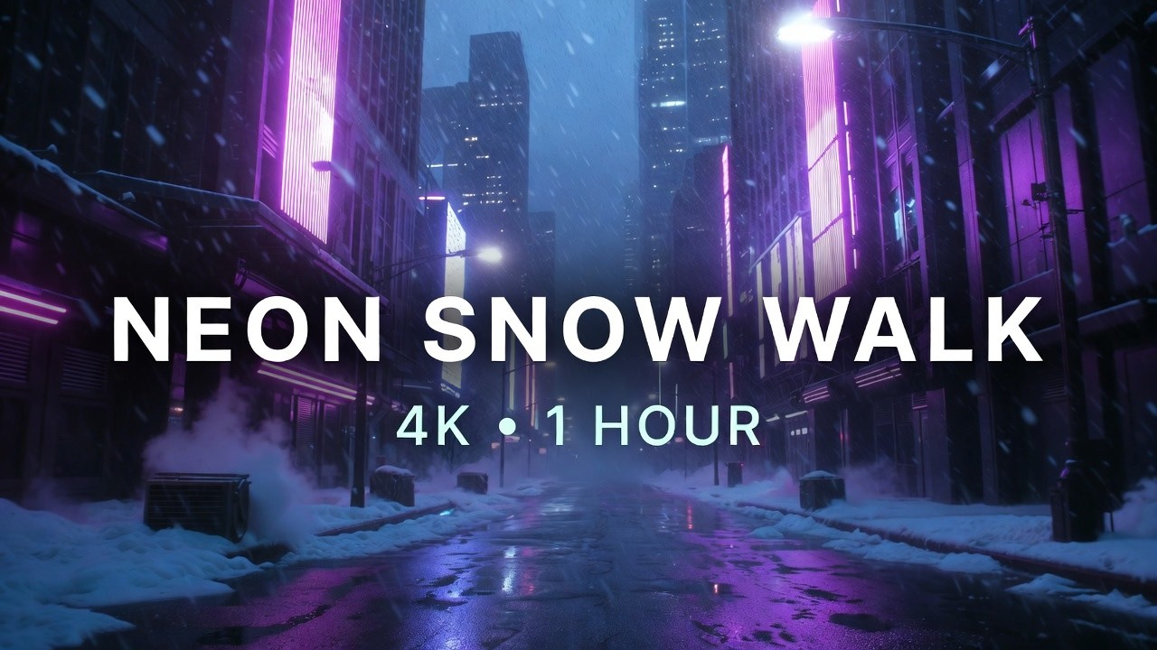 Neon Snow Walk ❄ New York Cyberpunk Winter Ambience (1 Hour 4K)