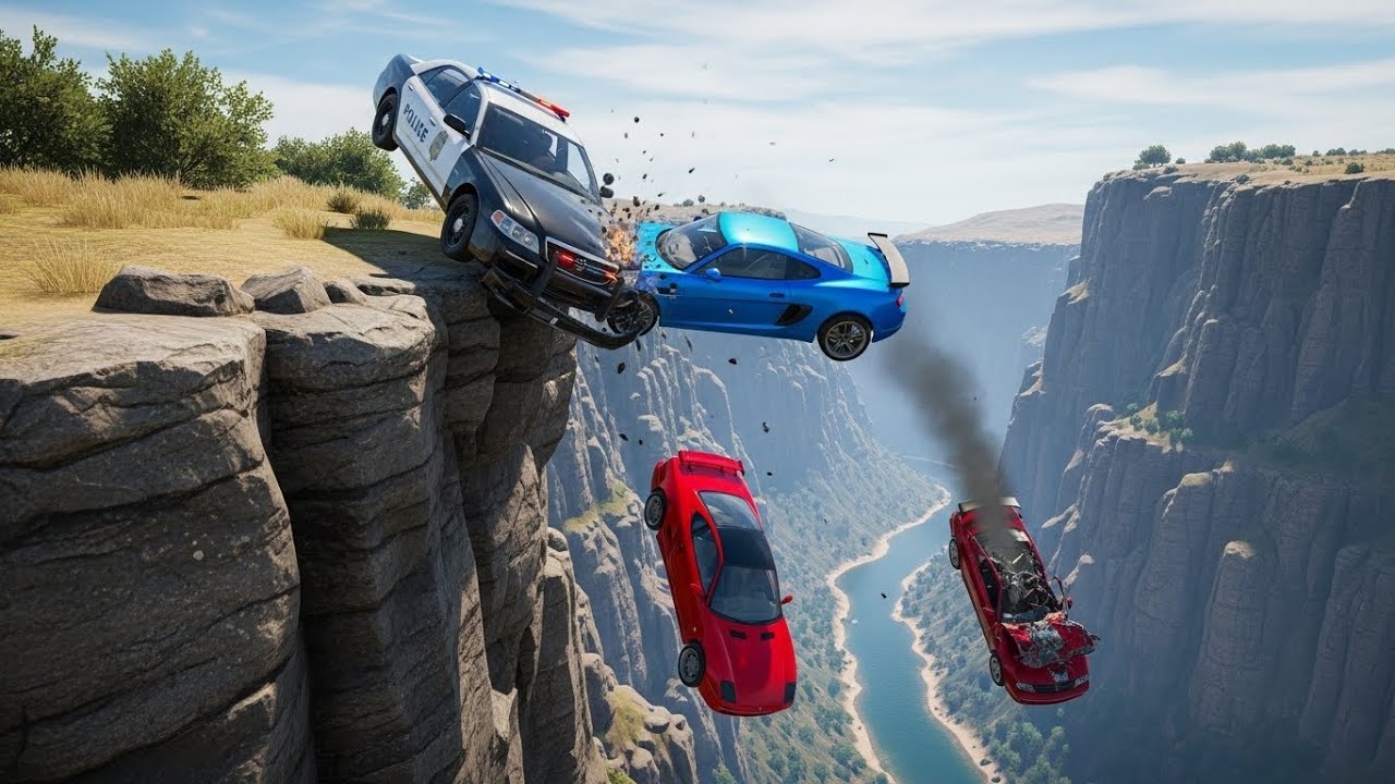 BeamNG.drive Realistic Cliff Drop Challenge – Police vs Sports Cars