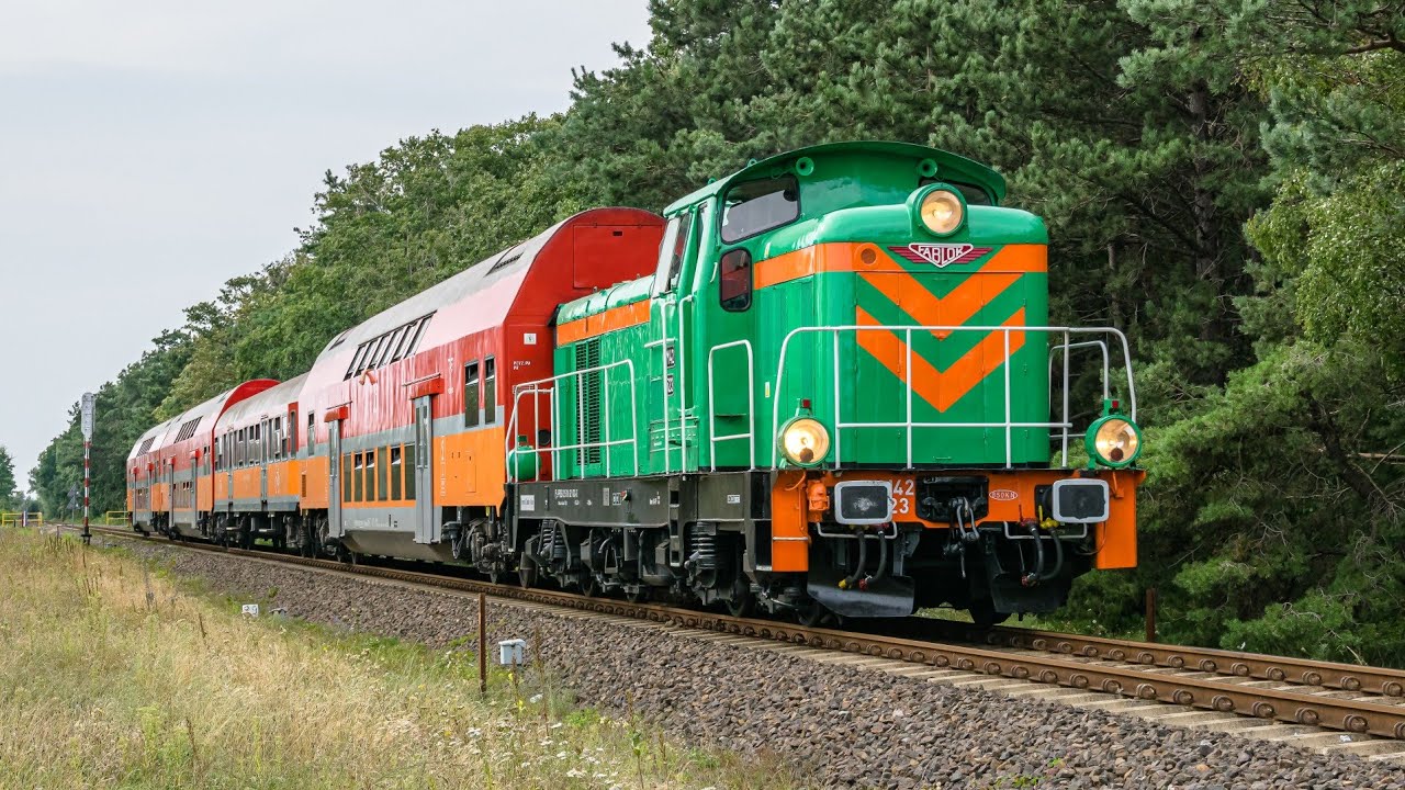 Zielona SM42-523 z wakacyjnymi pociągami Polregio