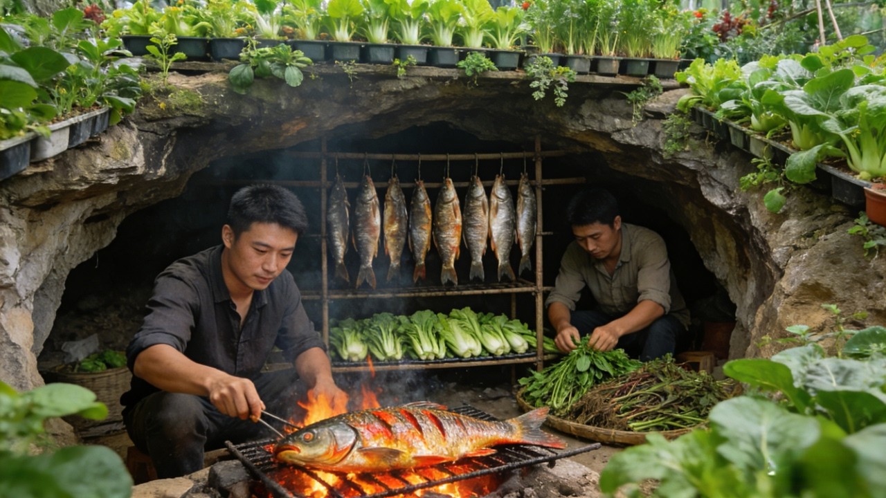 洞天炊烟！炭炙溪鱼香漫溢，野菜添鲜正当时 Caveside Grill! Stream Fish Sizzles over Charcoal, Wild Greens at Their Peak