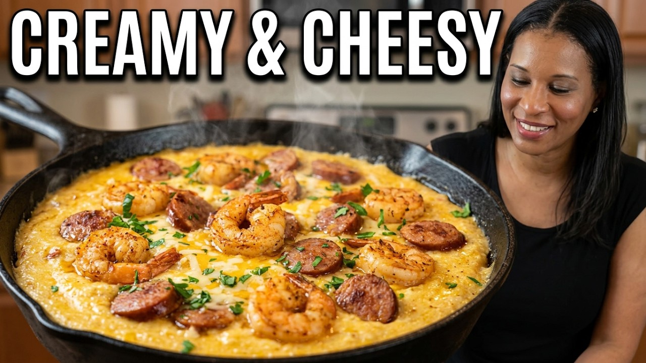 Creamy Cheesy Shrimp & Grits | Corn Grits & Andouille Sausage | ThymeWithApril