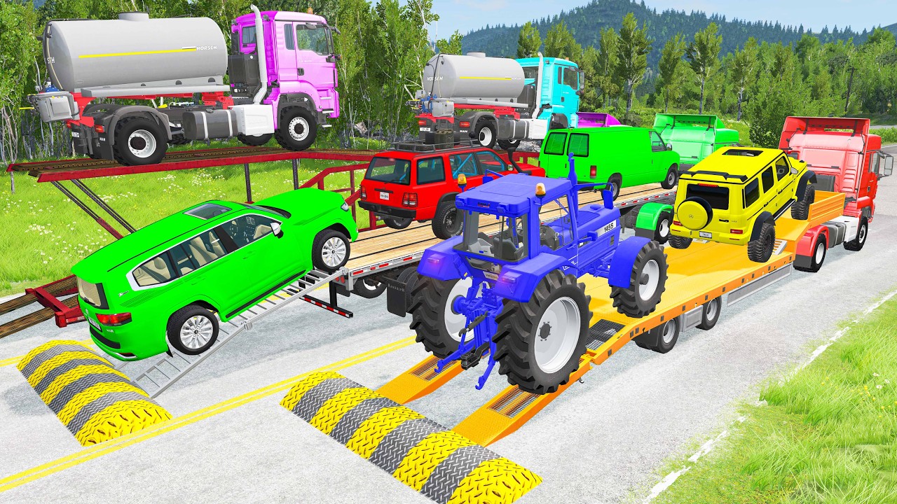 Triple Flatbed Trailer McQueen Transportation with Truck - Speedbumps vs Cars vs Train - BeamNG #11