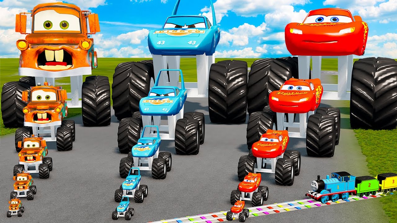 Big & Small: Tow Mater Truck vs The King Dinoco vs Lightning McQueen! Crazy Mega Ramp | BeamNG.Drive