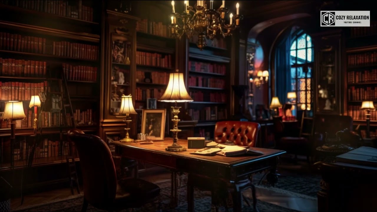 Ancient Library Noises. Fire Crackling, Writing with Quill, Paper Sounds for Study.