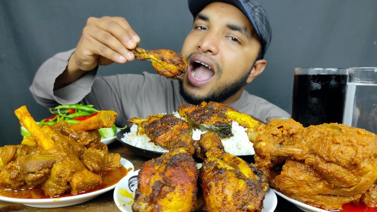 SPICY MUTTON CURRY, WHOLE CHICKEN CURRY , EATING SPICY CHICKEN LEG FRY AND FISH FRY WITH RICE
