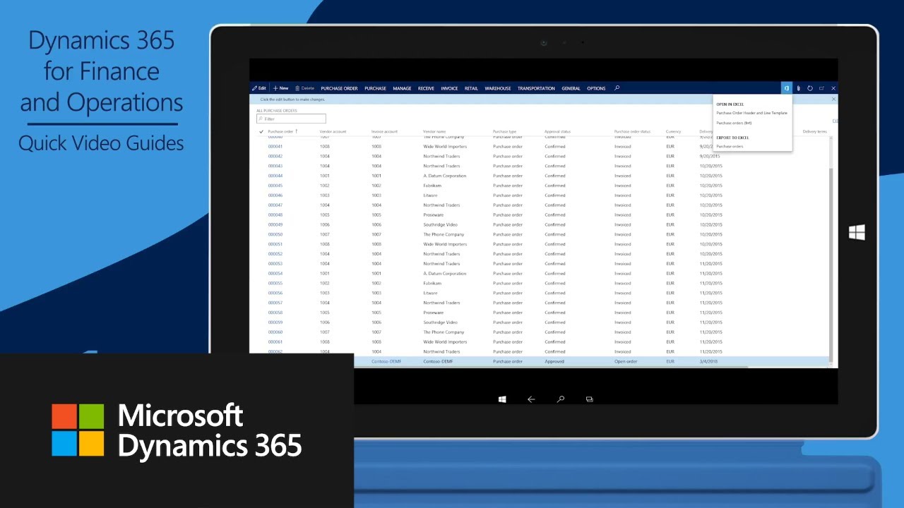 Create an Excel template for header and line patterns in Dynamics 365 for Finance and Operations