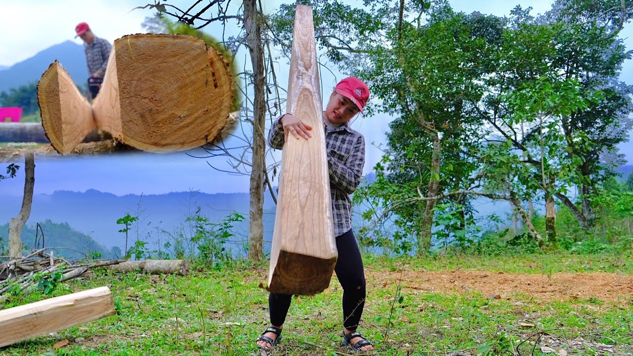 the daily life of (pham') Asian girls building a new life, preparing wood to build a new house