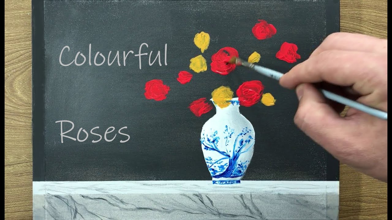 Vase of Colourful Roses/ Draw with Baha #22/ Still Life Acrylic Painting