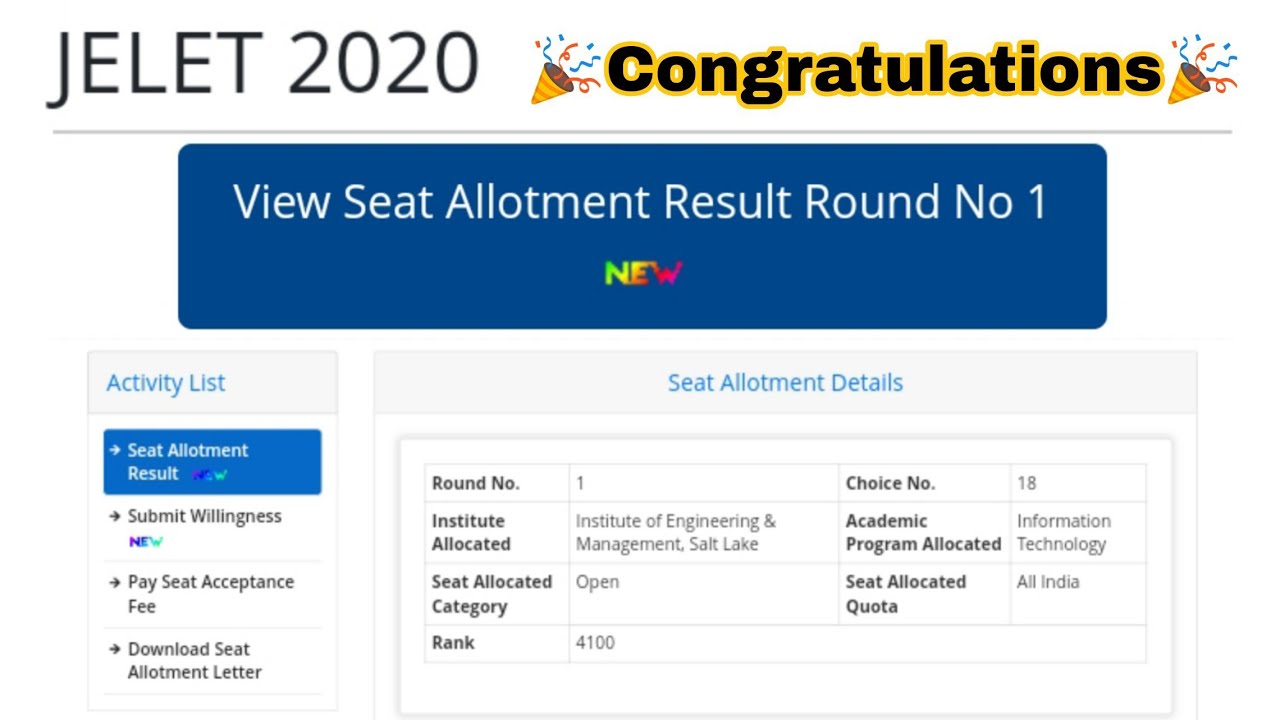 JELET 2020 1st Seat Allotment Result Published | Check Now