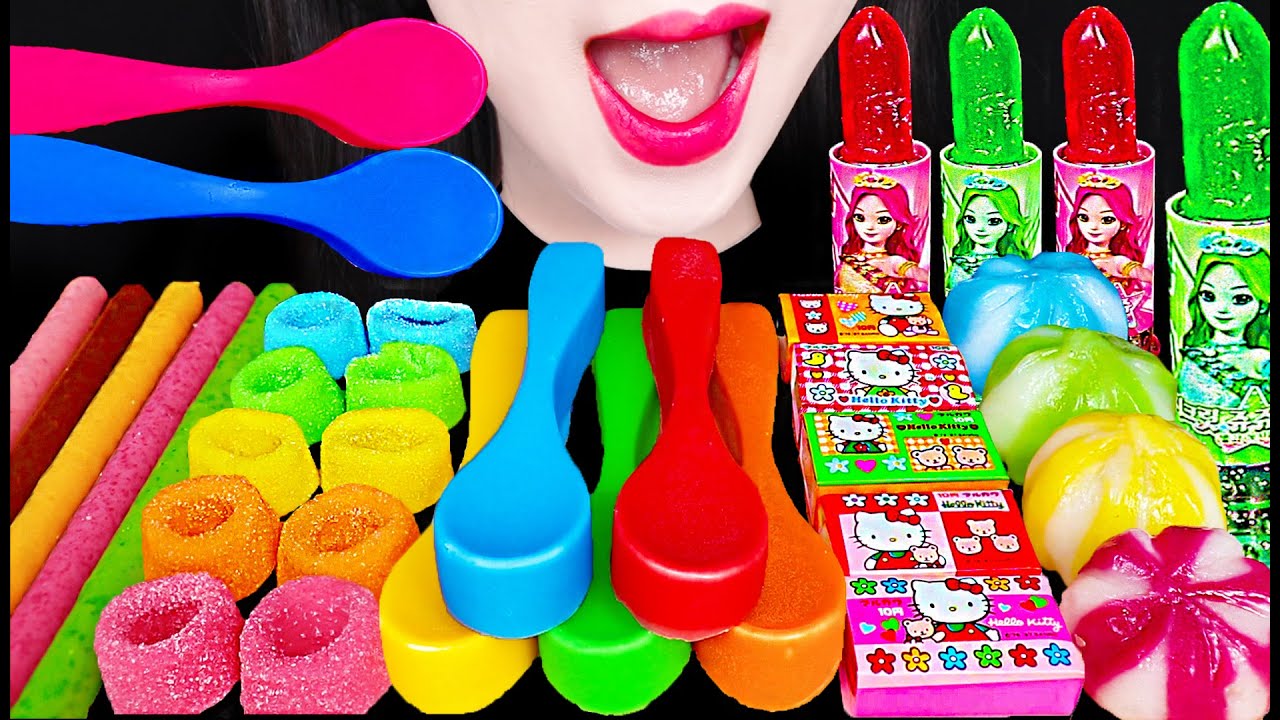 ASMR Edible Lipstick, Edible Spoon, Rainbow Dessert 먹는 립스틱, 먹는 숟가락 먹방 Mukbang, Eating