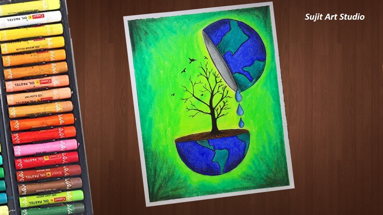 Save Trees | Save Earth | Save Water drawing with Oil Pastels for beginners - step by step