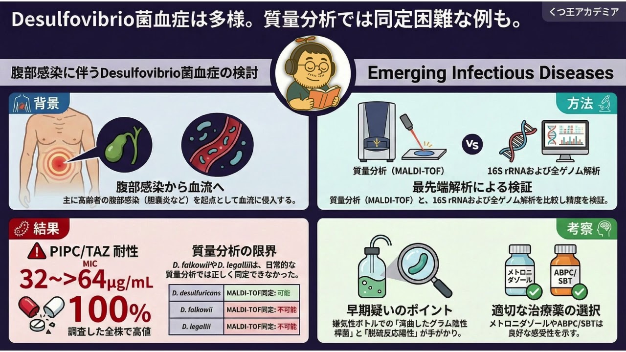 【医療者向け・音声のみ】腹腔内感染に伴うDesulfovibrio菌血症の国内8例：MALDI-TOF同定の限界とPIPC/TAZ耐性　EID