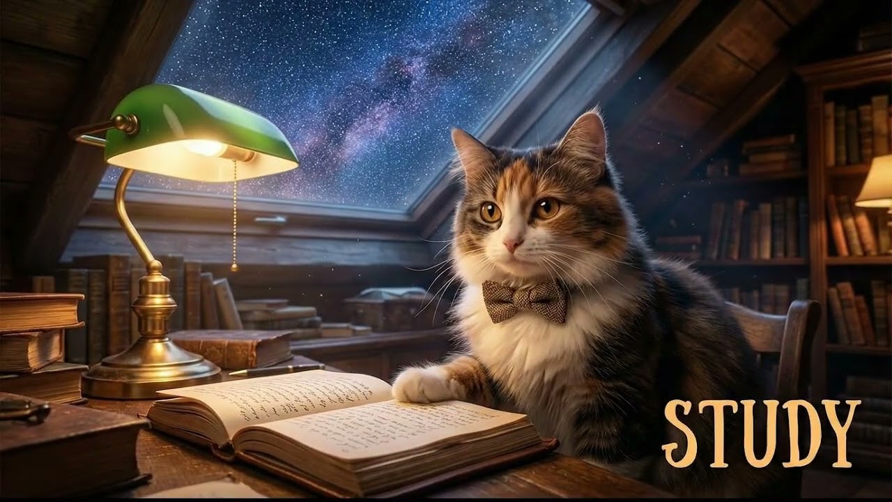 🐾 AI Cat's Stargazing Study Naps ☕ 2 Hour Ponder Attic Stars Focused Study Jams 🎵 Relaxing Study & F