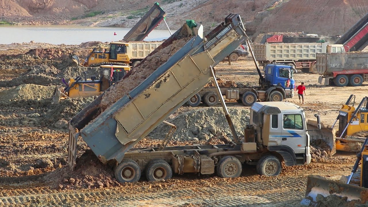 Great Action Work - Bulldozer Spreading Dirt And Amazing Dump Trucks Unloading Dirt