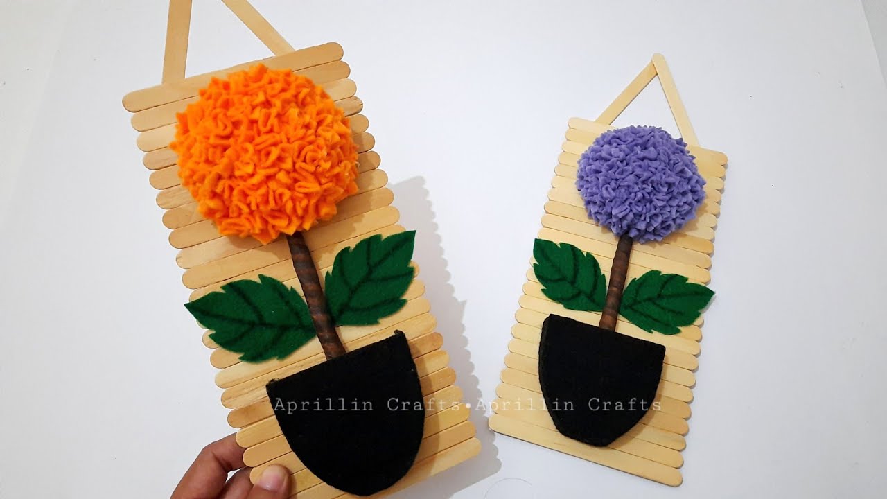 Diy popsicle stick crafts||Diy wall decor ideas||Diy hiasan dinding stik es krim dan bunga flanel