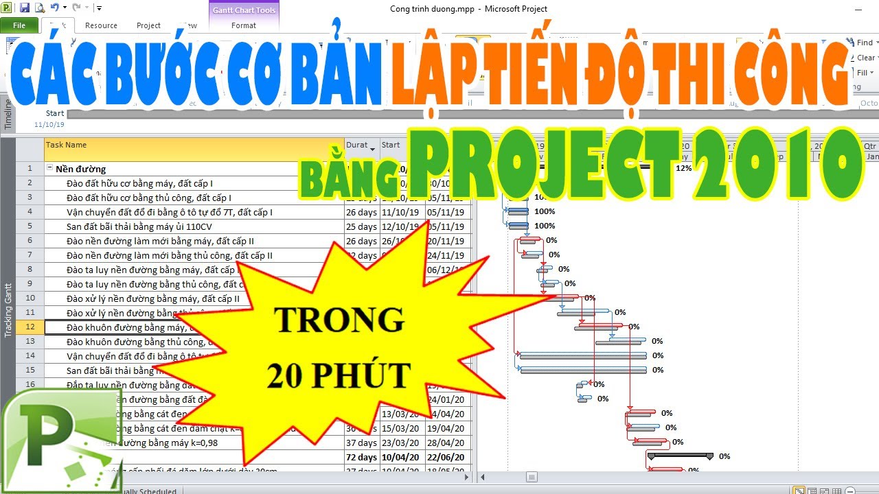 Lập Tiến Độ Thi Công Bằng Project 2010 (Trong 20 Phút) Cực Đơn Giản | Hướng Dẫn Sử Dụng Project 2010