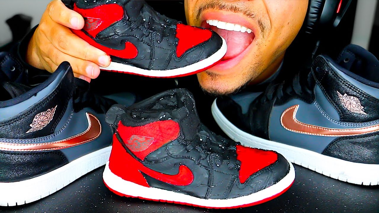 ASMR EDIBLE JORDANS 1 BRED BANNED SHOE MUKBANG DIY CHOCOLATE EATING SHOW SOUNDS