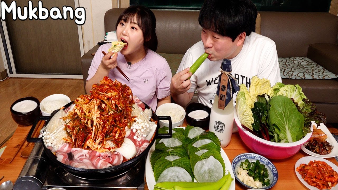 Mukbang | Жареная тонкая свиная грудинка с зеленым луком и овощами! Готовь и ешь~