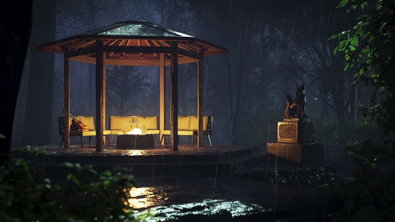 Cozy Gazebo Shelter in a Rainstorm | Gazebo Fire Ambience