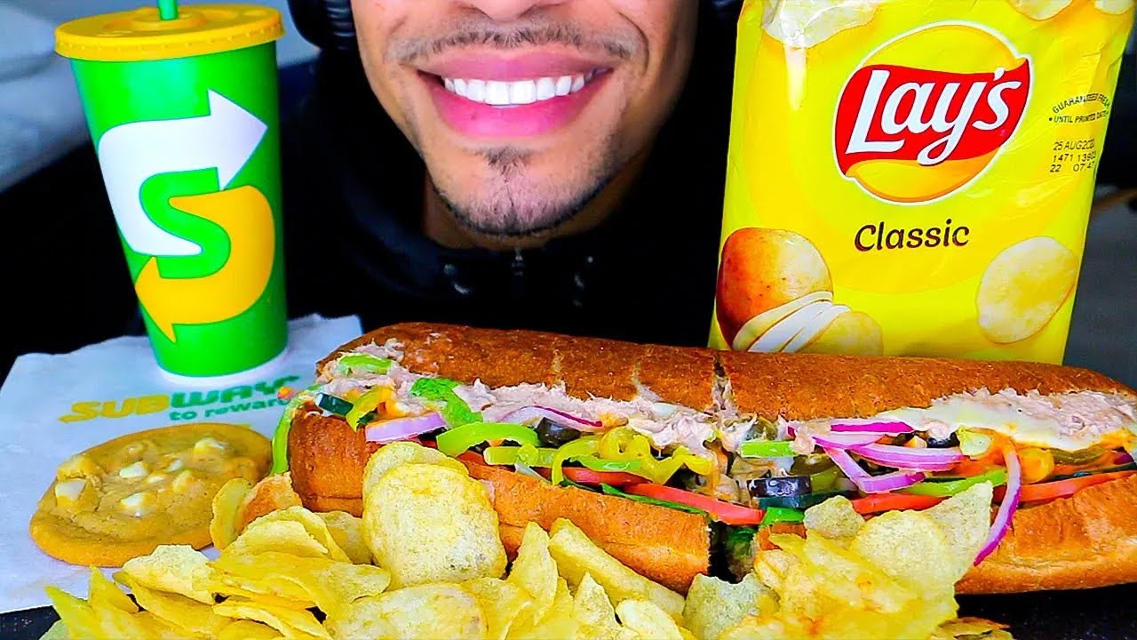 ASMR Eating Subway Mukbang Footlong Tuna Sandwich Chips White Macadamia Nut Cookie Challenge No Talk