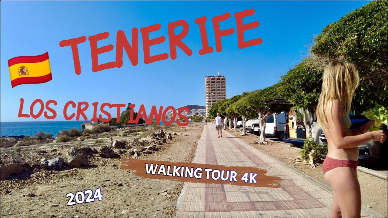 Tenerife🇪🇸LOS CRISTIANOS walking tour 4K around the promenade and🏝️beach